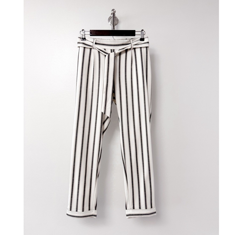 Ann Taylor Factory Women White Black Striped Paperbag Waist Tapered Pants Size 0